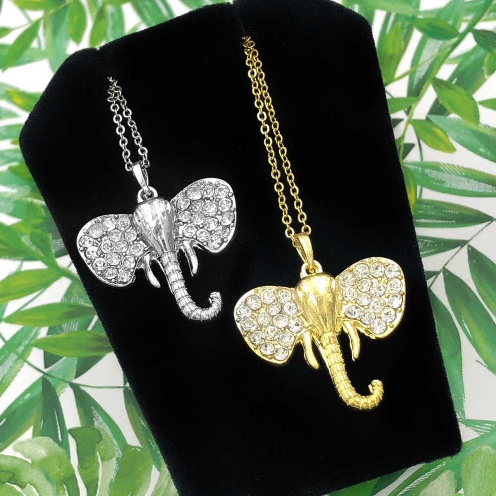 🌼 Elephant Head Rhinestone Gold or Silver Charm Chain Necklace